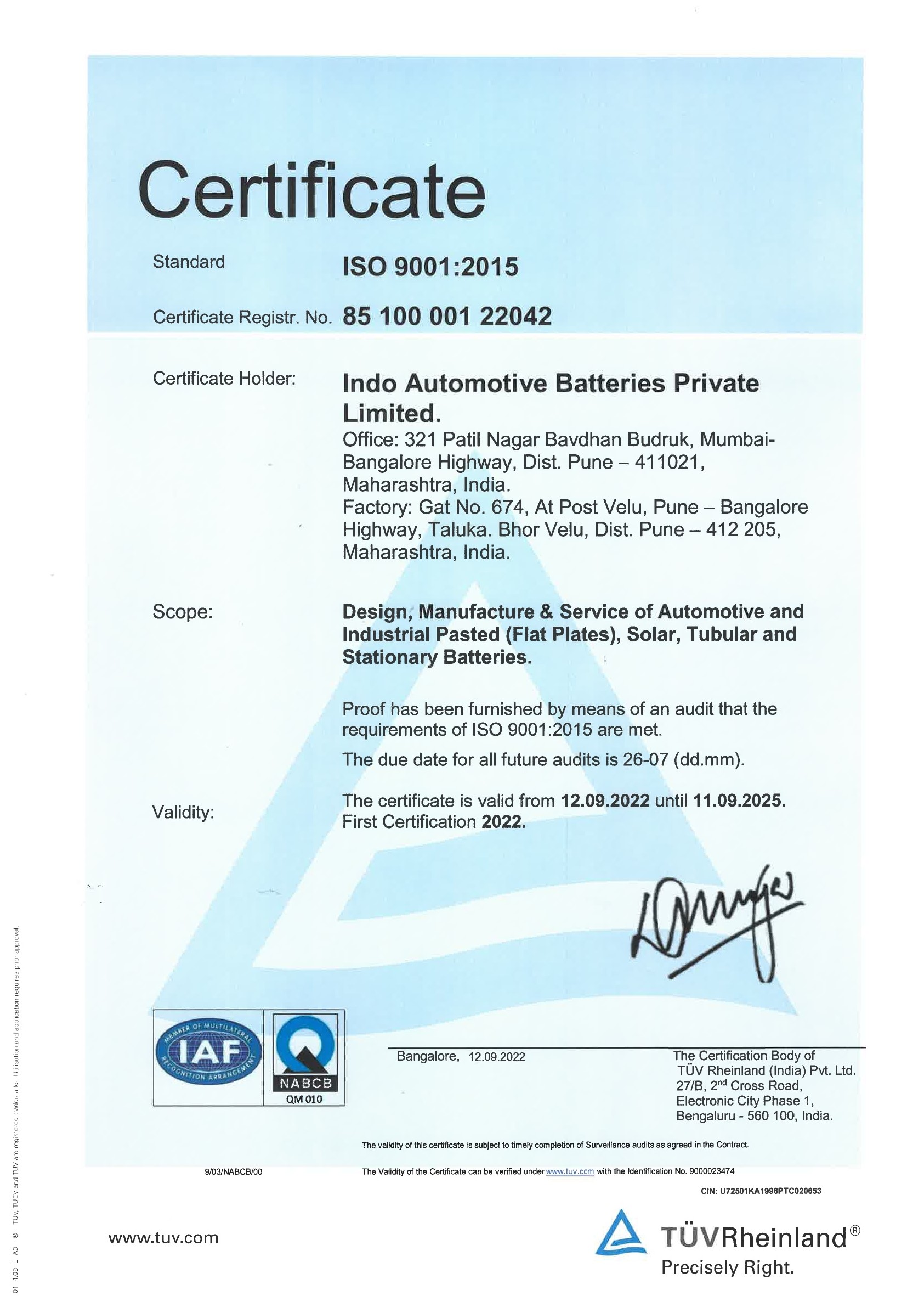 Indo Batteries Certificate
